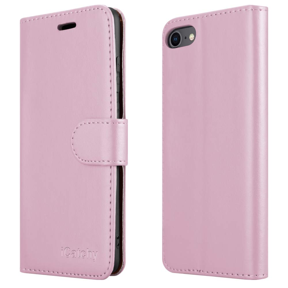 iCatchy For iPhone SE 2020 Case, iPhone 8 Case iPhone 7 Case Leather Wallet Book Flip Folio Stand View Case Compatible with iPhone se 2020 Phone Case Cover (Rose Gold)