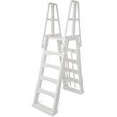 Vinyl Works SLA A-Frame 48 to 56 Inch Adjustable Above Ground Swimming Pool Ladder Entry System with Slide Lock Barrier and Handrails, White