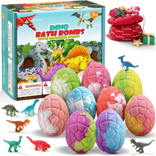 Qivatex Bath Bombs for Kids with Dinosaur Toys Inside, 9 Pack Natural and Organic Dinosaur Bath Bombs Bubble Bath Gift Set, Stocking Stuffers for Kids, Perfect Christmas Birthday Gifts for Kid 3-12