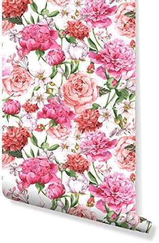 CostaCover - Temporary self Adhesive Removable Wallpaper Sample - Pink Peonies and Roses Watercolor Illustration - Custom Size Available (6'' x 10'')