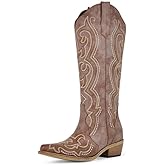 pinokino Cowboy Boots For Women Knee High Western Cowgirl Boots Snip Toe Side Zipper Chunky Heel