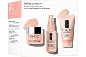 Clinique Skin School Supplies Set: Glowing Skin Essentials | Moisture Surge 1H Auto-Replenishing Hydrator, 0.5 Fl Oz | Face Spray Thirsty Skin Relief, 1 Fl Oz | Overnight Mask, 1 Fl Oz