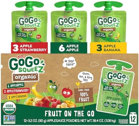 GoGo squeeZ No Sugar Added Organic Applesauce and Fruit Puree, Variety Pack, Apple, Strawberry & Banana, 3.2 oz Pouches (Pack of 12), Fruit Snacks for Kids, Gluten Free, Nut Free, Recloseable Cap, BPA Free