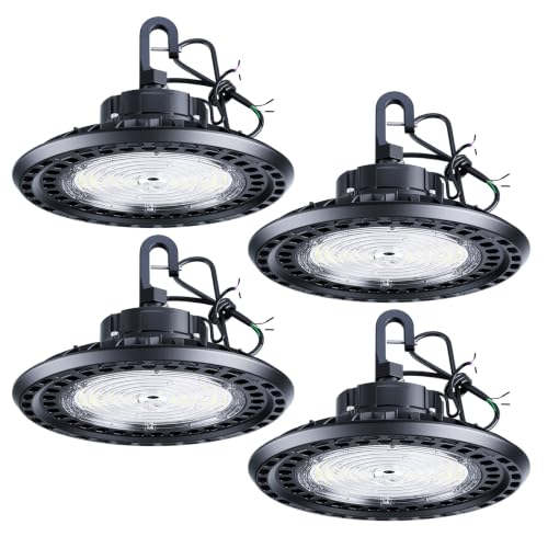 G GJIA 4Pack 200W UFO LED High Bay Light, Adjustable of 30,000LM High Bay LED Shop Lights, 150LM/W, 0-10V Dim, 120-347V, 5000K Daylight Waterproof for Warehouse Workshops - UL Listed