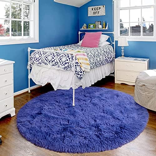 Navy Blue Rug for Bedroom, Fluffy Circle Rug 4'X4' for Kids Room, Furry