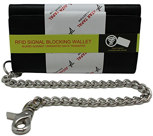 RFID Blocking Steel Chain Trifold Wallet 212 Biker,Trucker,Motorcycle Cow Leather Long Checkbook