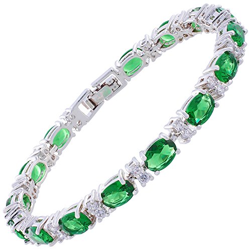 Oval Cut Simulated Green Emerald and White Cubic Zirconia 18K White gold Plated Tennis Bracelet, 7