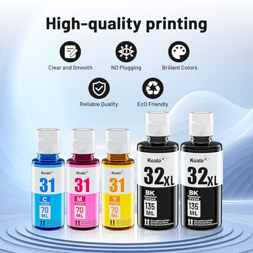 Koala 31 32XL Tinta Compatible con HP Smart Tank 5105 7005 7305 5100 5106 5108, Tinta 31 32 XL para Smart Tank 7005 7605 7006 7306 455 515 519 530 558 559 cm. 70 655 670 750 790 (5 Paquetes)
