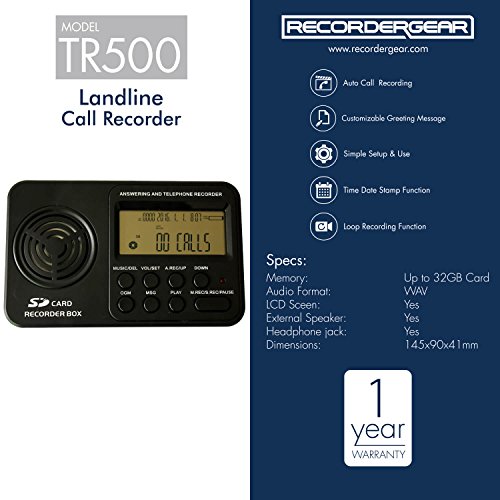 RecorderGear TR500 Landline Phone Call Recorder, Automatic Telephone