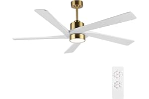 WINGBO 72 Inch DC Ceiling Fan with Lights and 3 Downrods, 5 Reversible Carved Wood Blades, 6-Speed Noiseless DC Motor, Large Ceiling Fan in Brass Finish with White Blades, ETL Listed