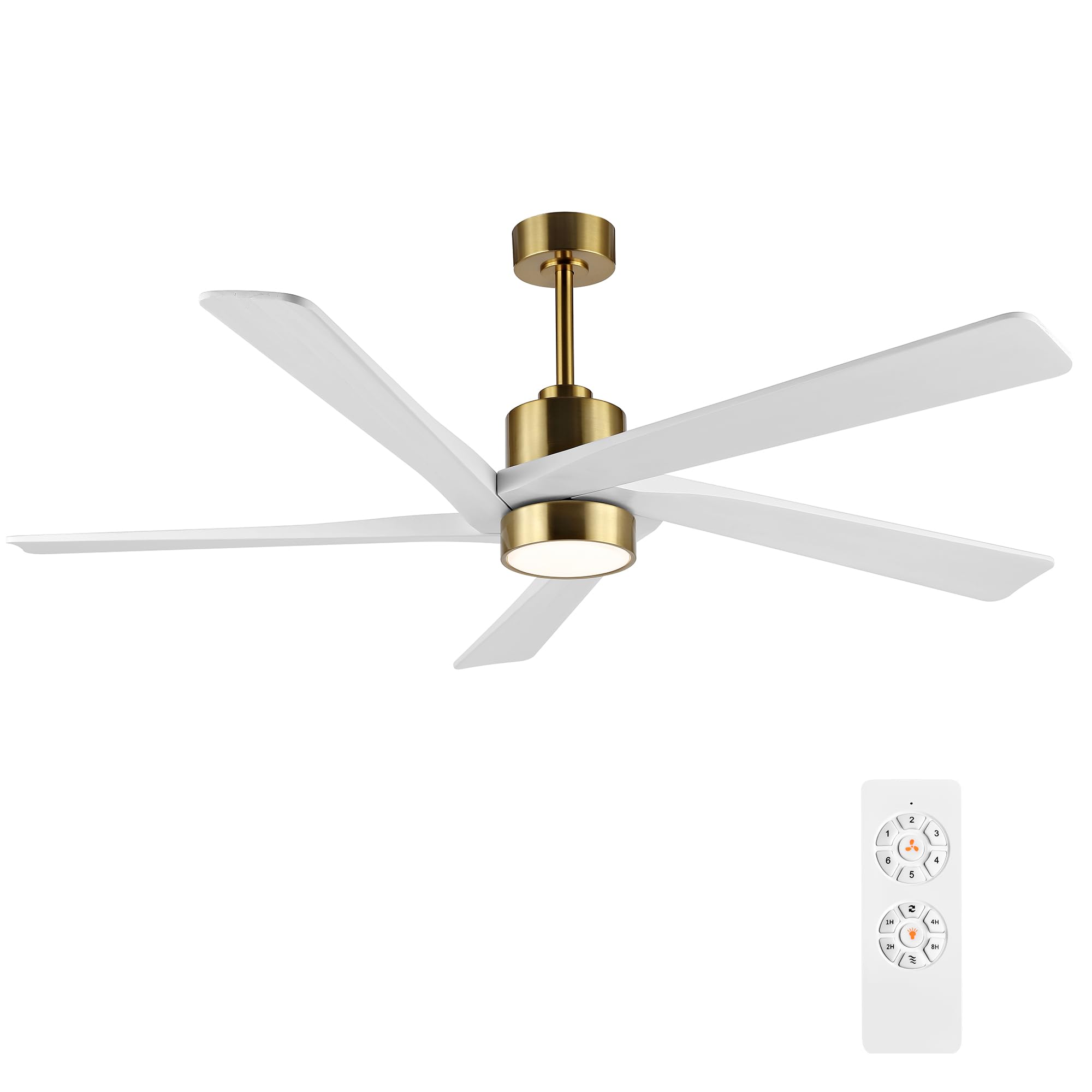 Photo 1 of WINGBO 72 Inch DC Ceiling Fan with Lights and 3 Downrods, 5 Reversible Carved Wood Blades, 6-Speed Noiseless DC Motor, Large Ceiling Fan in Brass Finish with White Blades, ETL Listed