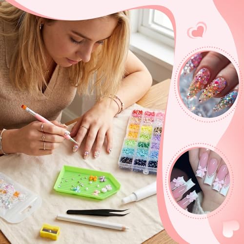 30000Pcs Bedazzling Kit with Glue, 3MM Flatback Rhinestones for Bedazzling with 1 Pack 3D Butterfly Nail Diamonds, Pearls Jewels, Tweezer and Pen, Pencil Sharpener for DIY Crafts