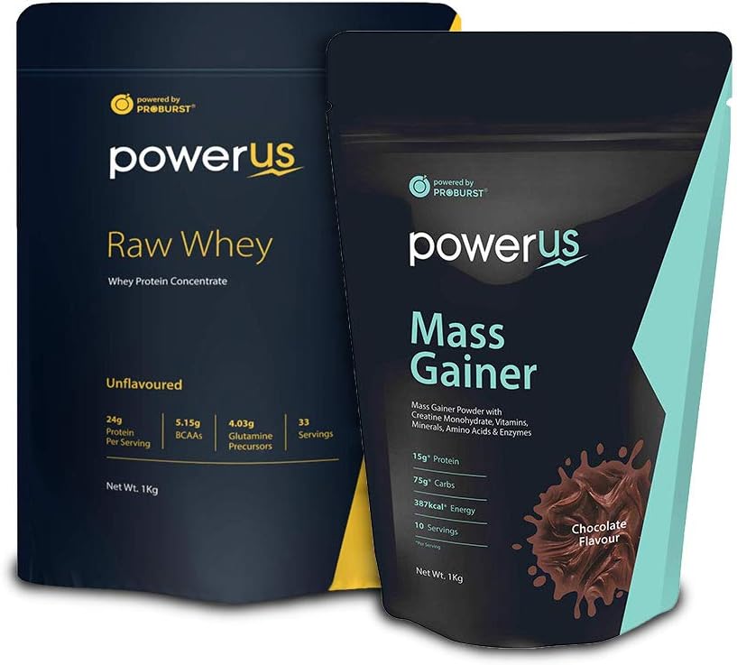 Powerus Raw Whey Protein Powder, 1kg and Mass Gainer Powder, 1kg (Chocolate)
