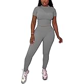 HBQ Women Two Piece Outfits Workout Sets Ribbed Casual Jogging Suits Short Sleeve Tracksuits
