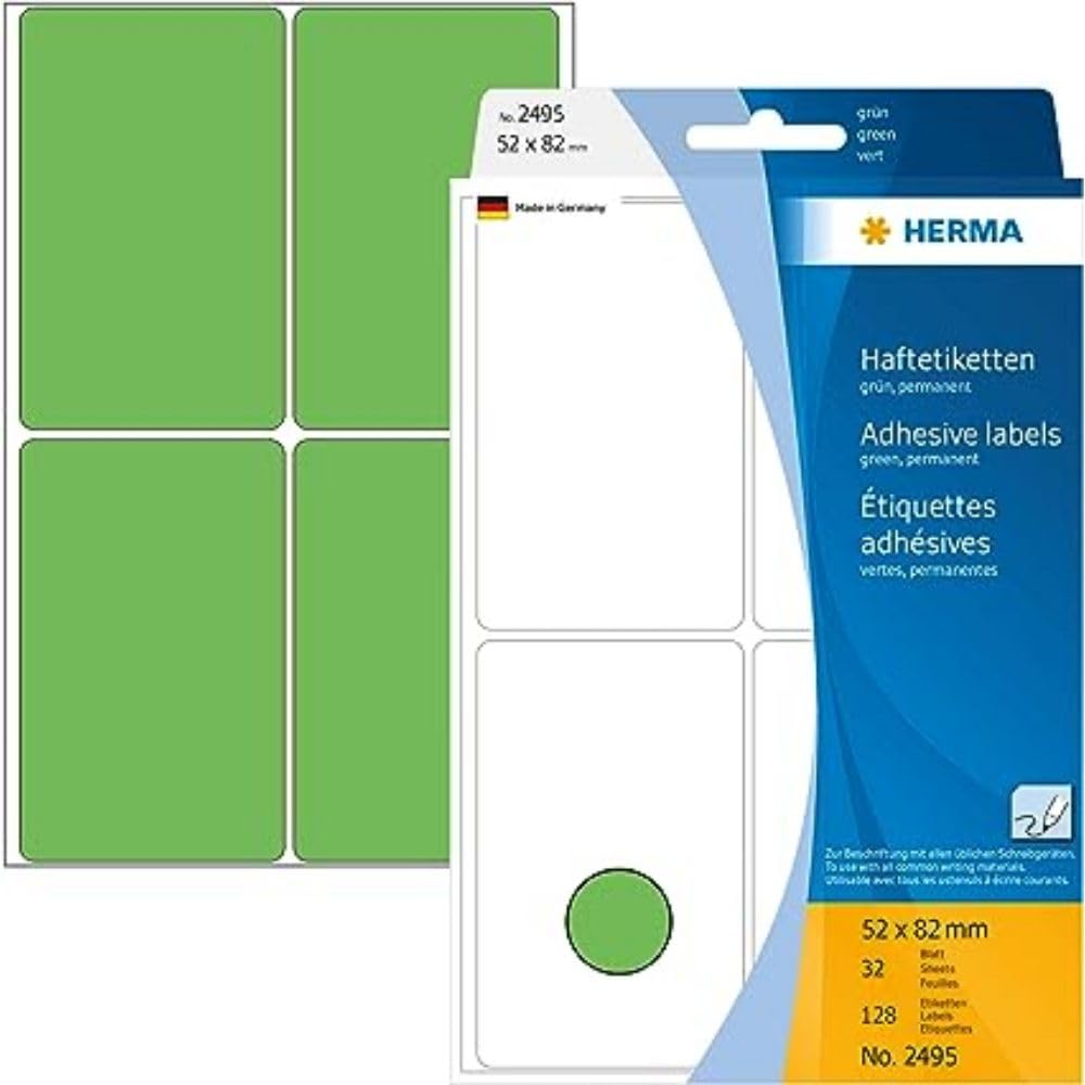 HERMA Multi Purpose Labels, 4 Labels per Sheet, 32 Sheets, 52 x 82 mm, 128 Labels, Self Adhesive Large Labels Stickers, Blank Sticky Labels for Office Kitchen Home, Green