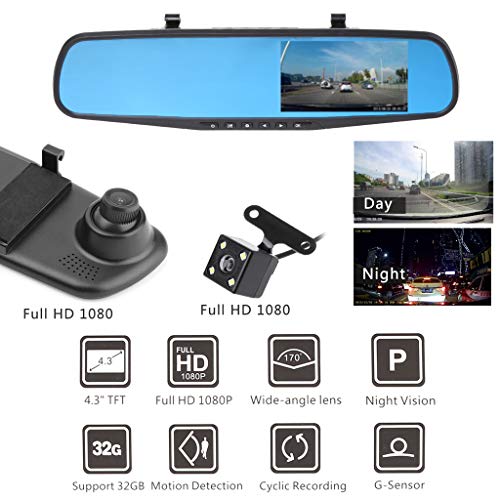Hardli 4.3'' 1080P Dual Lens Car Auto DVR Mirror Dash Cam Recorder+Rear View Camera Kit