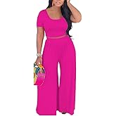 HBQ Two Piece Outfits For Women Casual Sweat Suits Backless Short Sleeve Crop Tops Wide Leg Pants Lounge Sets Tracksuit-Rose Red-L