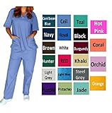 Womens V-Neck Solid Scrub Set Top and Pant 2 Piece Sets Sizes XS-2XL (S, Ceil)