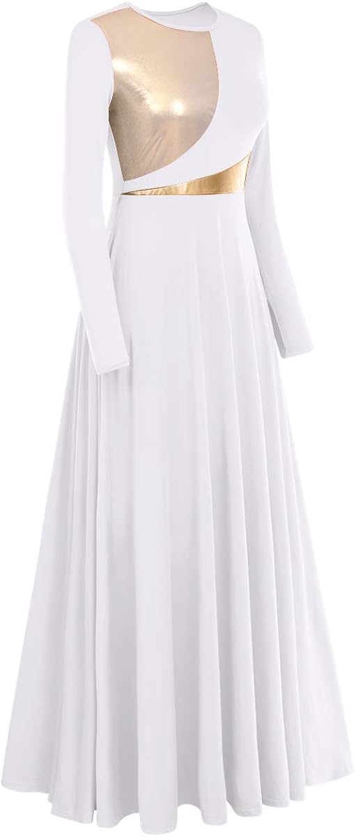 Women Metallic Bi Color Liturgical Praise Dance Dress Long Sleeve Lyrical Dancewear Church Maxi Robe Worship Costume: Clothing
