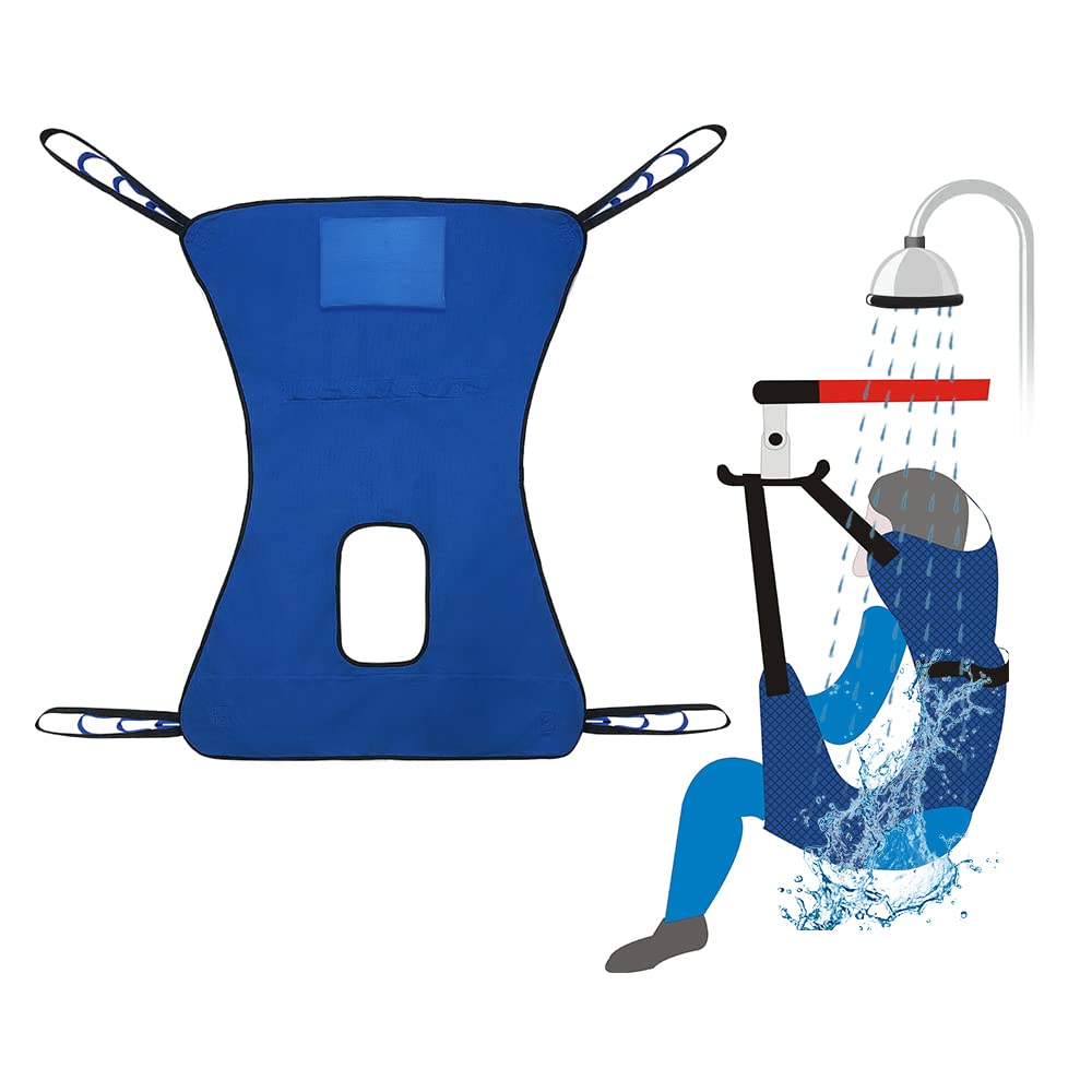 Patient Lift Toileting Sling Large Mesh Sling for Shower Home Use Electric Transfer Belt with Head Support Medical Handicap Commode Full Body Sling (Blue)