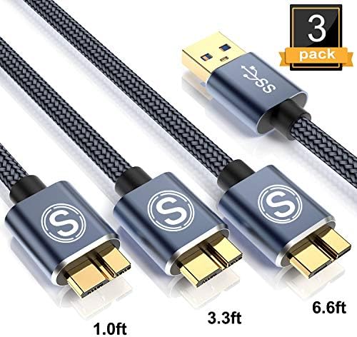 Galaxy S5/Note 3 Charger Cable, 3Pack(1ft,3.3ft,6.6ft) Sweguard USB 3.0 Micro B Cable Nylon Braided Charging Cord for Samsung Note/Tab Pro 12.2,Toshiba Seagate WD External Hard Drive, Camera (Grey)