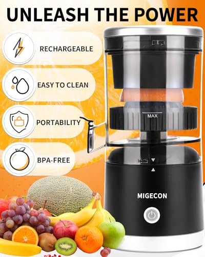 Migecon Rechargeable Electric Citrus Juicer - Citrus Juice Machine with USB and Portable, Dripless Function for Oranges, Lemons, Grapefruits, Includes Cleaning Brush (Black) ZZJ001B