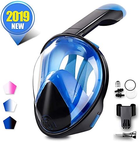 Snorkel Mask, Full Face Snorkeling Mask,180°Panoramic Design,Snorkeling Mask Anti-Fog Anti-Leak Design With Detachable Camera Mount,Easy Breath Dry Top Set for Adults Youth Child (Black/Blue)
