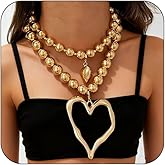 Y2K Chunky Heart Necklace for Women Big Chunky Heart Pendant Necklace Exaggerated Layered Pearl Choker Necklaces Set Trendy Y2K Statement Jewelry Gift
