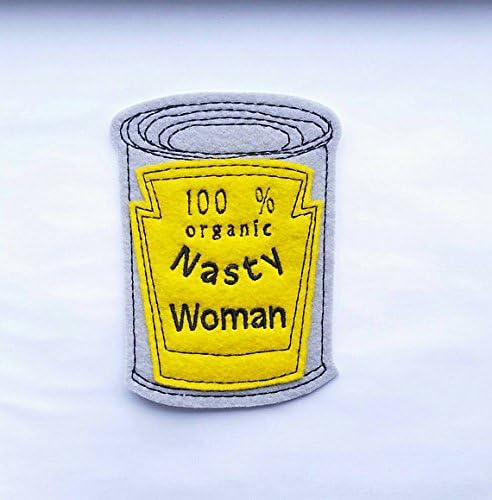 Iron on felt patch can of 100% organic nasty woman in yellow and gray feminist patch