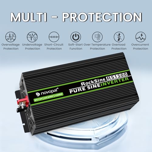 Novopal Power Inverter Pure Sine Wave 1500 W 3000 W Power Transformer Converter DC 12 V to AC 220 V 230 V Voltage Inverter, 2 EU Socket with USB Output 5 M Remote Control