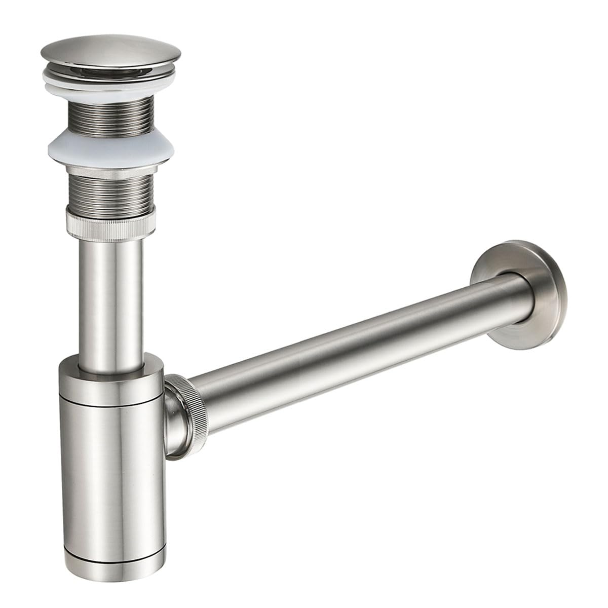 KEOKBON Bottle Trap 1 1/4 with Overflow, Round Decorative Adjustable Basin Sink Waste Traps Plumbing Drain Tube for Bathroom Sink Basin Vessel, Brushed Nickel Click Clack Basin Waste Pop Up Drain