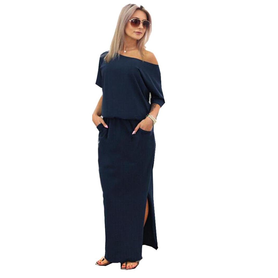 Clearance Sale ❤️ Women Dress, Xinantime Ladies Summer BOHO Long Maxi Dress Evening Party Dress with Pocket (XL, Navy blue)