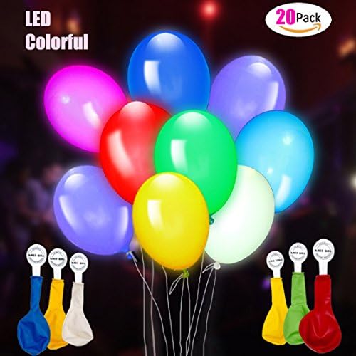 20 Pack LED Light Up Balloons - Strong Premium Quality Flashing lights, Mixed colors - Inflate Up to 12 Inches (30cm), lasts 8-24 hours - Ideal for Parties, Birthdays and Wedding Decorations etc.