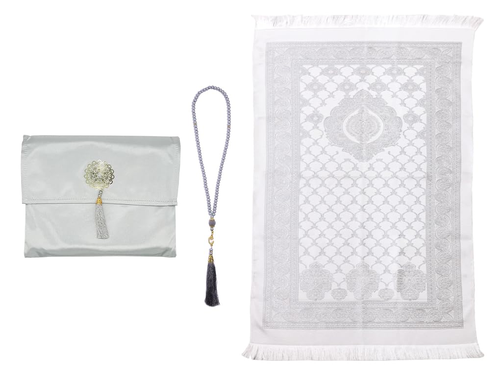 Anlising Muslim Prayer Mat with Prayer Beads and Fabric Bag, Islamic Prayer Mat,Foldable Prayer Rug,Muslim Foldable Prayer Mat,Muslim Prayer Rug,for Muslim,Islamic,Ramadan,Gifts(Gray,110x70CM)