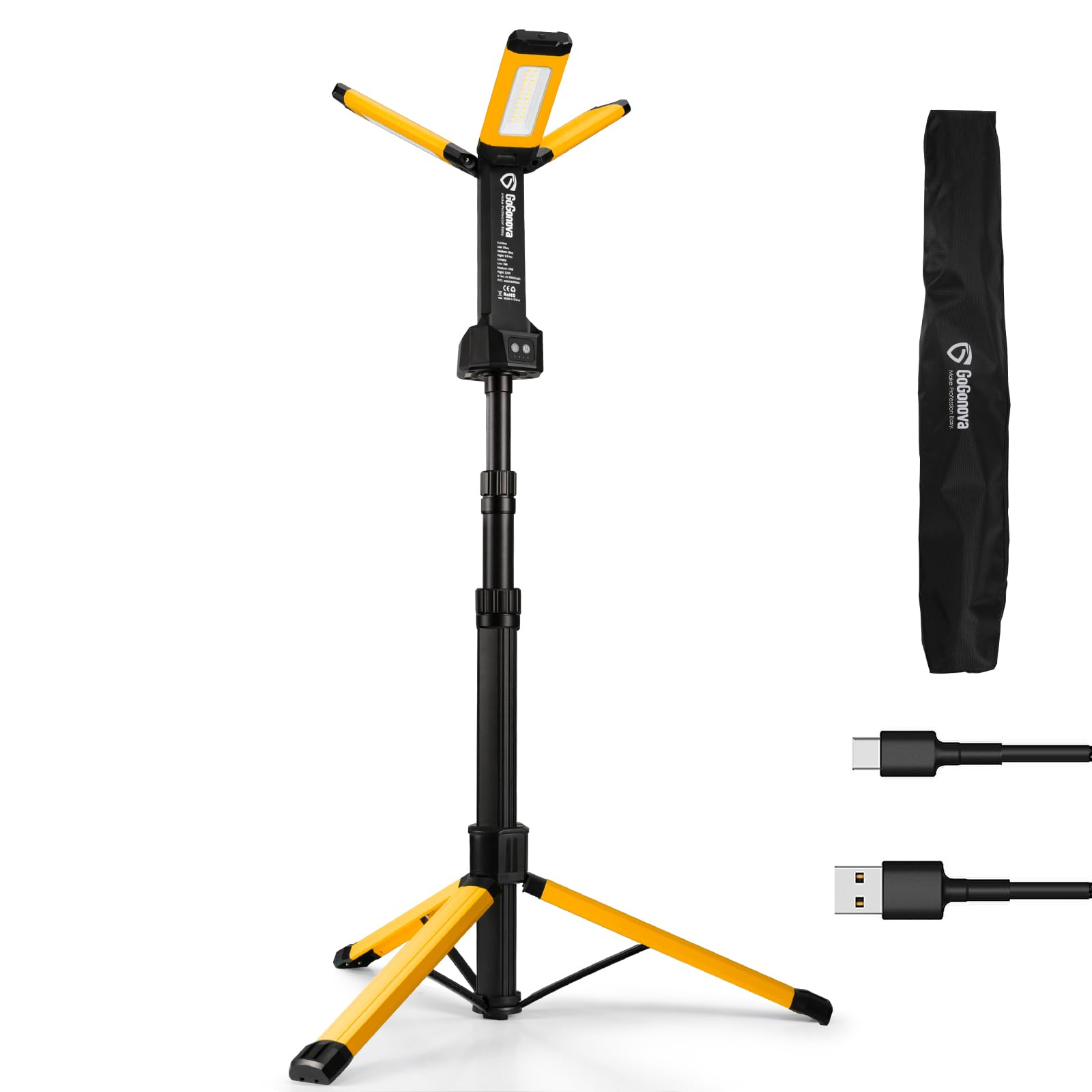 Rechargeable Work Light with Stand, GoGonova Cordless Work Light with Triple LED Lamps, 8AH Battery, 700/1200/2200 Lumen, 4000/6500K Dimmable Camping Light with Detachable Tripod（Yellow） Image