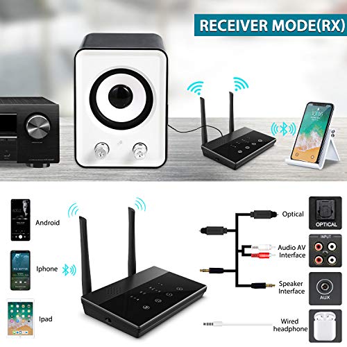 Lasuney Bluetooth 5.0 Transmitter Receiver, AptX HD Low Latency Wireless Audio Adapter for TV and Home Stereo, Pairs 2 Headphones, Long Range, Voice Guide, Touch Screen, Splitter for Wire & Wireless