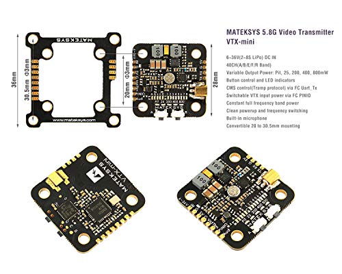 Matek FPV Video Transmitter VTX Mini 6~36V Input 40CH Pit/25/200/400/800mw Switchable, Support Tramp Protocol for F4 AIO Stack 210 220 250 240 4/5/6 inch Carbon Fiber FPV Racing Drone Quad Frame