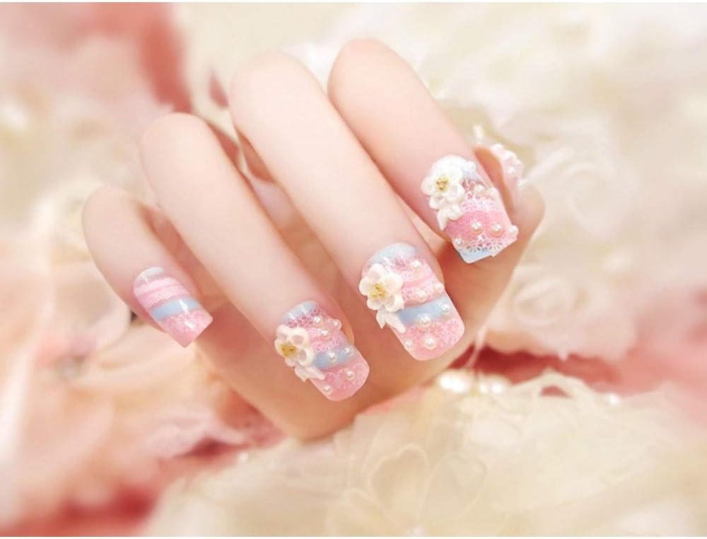 ERSD Blue+Pink with White Lace Finished False Nails 24 Piece Boxed Fake Nail Pearl Flower Bride Nail Stickers (Color : 24 pieces)