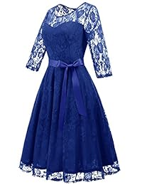 Vestido para mujer Dressystar, elegante vestido floral de encaje, con manga 3 4, para damas de honor, vestido a media pierna, con escote ilusión de encaje