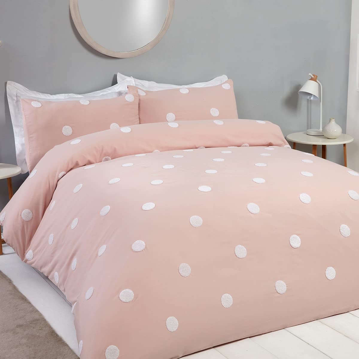 Sleepdown Tufted Polka Dots Circles Blush Pink White Soft Cosy Easy Care Luxury Duvet Cover Quilt Bedding Set with Pillowcases - King (230cm x 220cm)