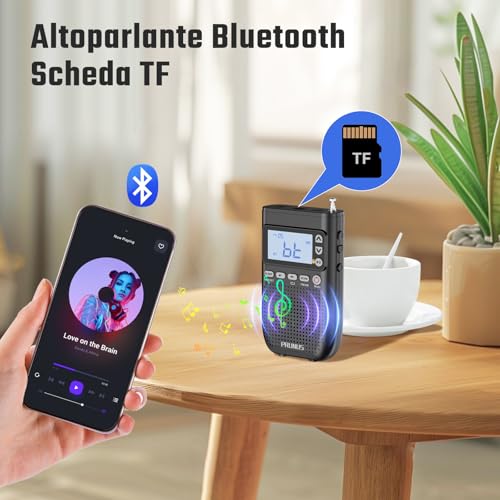 PRUNUS J-618 Portable AM/FM Radio with Bluetooth Headset Connection, Mini Rechargeable Radioline, 2000 mAh Digital Radio with Headphone Jack, TF Card Slot, Sleep Timer