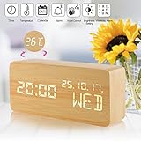 Alarm Clock,Wood Alarm Clock Voice Command Electric Time Bedside LED Travel Alarm Clock Cube 3 Levels Brightness 3 Alarms Digital Alarm Clock Display Time Date Week Temperature for Bedroom Office Home