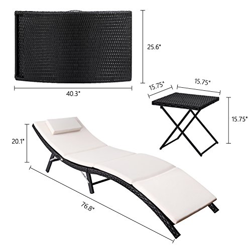 Flamaker 3 Pieces Patio Chaise Lounge with Cushions Unadjustable Modern Outdoor Furniture Set PE Wicker Rattan Backrest Lounger Chair Patio Folding Chaise Lounge with Folding Table (Beige)