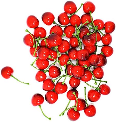 WsCrafts 50Pcs Simulation Cherries for Home Kitchen Decoration - Artificial Cherries (25mm, Red Black)