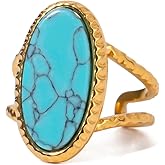 Dikixe Boho Western Turquoise Ring, Oval Turquoise Gemstone December Birthstone Open Adjustable Statement Ring, Gold Plated Stainless Steel Stackable Rings for Women