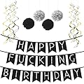 Funny Birthday Party Pack â€“ Black & Silver Happy Birthday Bunting, Poms, and Swirls Pack- Birthday Decorations - 21st - 30th - 40th - 50th Birthday Party Supplies