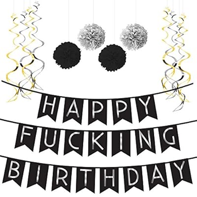 Funny Birthday Party Pack â€“ Black & Silver Happy Birthday Bunting, Poms, and Swirls Pack- Birthday Decorations - 21st - 30th - 40th - 50th Birthday Party Supplies