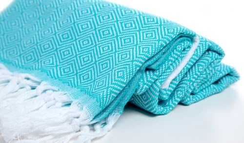 Diamond Pattern Cotton Towel Pestemal White on Turquoise. Turkish Towel. Turkish Hammam Towel