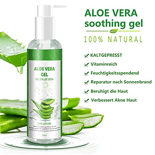 CUSMAY Aloe Vera Gel – Natural Aloe Vera Gel for Face, Body, Hands and Hair Moisturizing and Soothing – for Acne and Sunburn, 250 ml