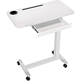 yaaqoo Adjustable Hospital Overbed Table with Drawer, Wheels, Cup Holder | Adjustable Height Rolling Laptop Over Bed Desk, Portable Medical Bedside Tray with Storage, Slot, Pneumatic Home Cart| White